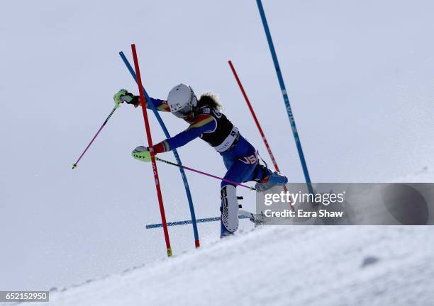 Resi Stiegler of the United States crashes during the first run of the Audi FIS World Cup Ladies' Slalom on March 11, 2017 in Squaw Valley,...