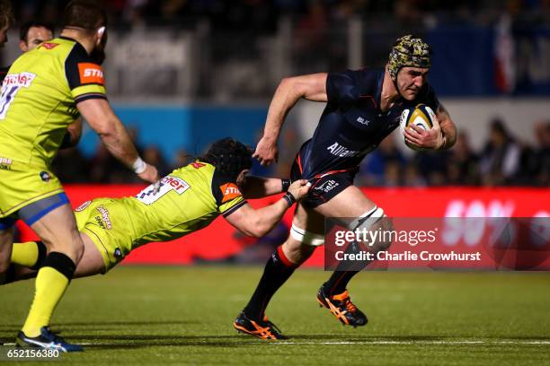 Saracens' Kelly Brown looks to break through the Leicester defensive line during the Anglo-Welsh Cup Semi Final between Saracens and Leicester Tigers...