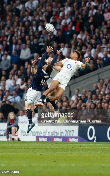 Anthony Watson and Mike Brown of England compete with Richie Gray of Scotland for the high ball during the match between England v Scotland RBS Six...