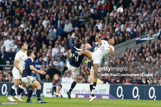 Anthony Watson and Mike Brown of England compete with Richie Gray of Scotland for the high ball during the match between England v Scotland RBS Six...