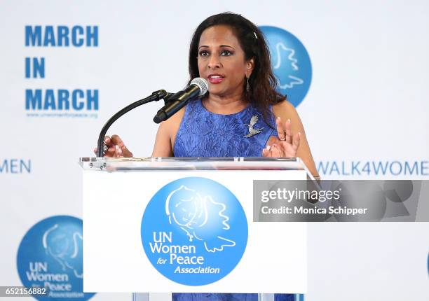 Uma Pemmaraju speaks on stage at the 4th Annual UN Women For Peace Association Awards Luncheon at United Nations on March 10, 2017 in New York City.