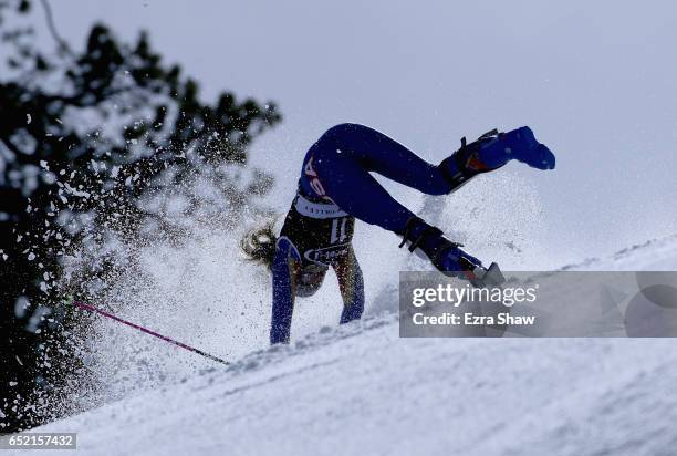 Resi Stiegler of the United States crashes during the first run of the Audi FIS World Cup Ladies' Slalom on March 11, 2017 in Squaw Valley,...