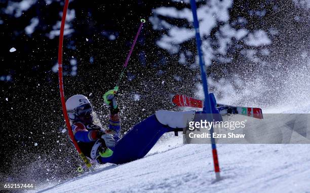 Resi Stiegler of the United States crashes during the first run of the Audi FIS World Cup Ladies' Slalom on March 11, 2017 in Squaw Valley,...