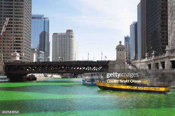 Water taxi navigates the Chicago River shortly after it was dyed green in celebration of St. Patrick's Day on March 11, 2017 in Chicago, Illinois....