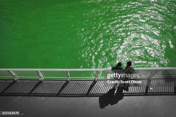 Visitors look over the Chicago River shortly after it was dyed green in celebration of St. Patrick's Day on March 11, 2017 in Chicago, Illinois....