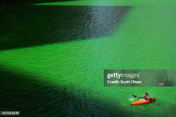 Kayak navigates the Chicago River shortly after it was dyed green in celebration of St. Patrick's Day on March 11, 2017 in Chicago, Illinois. Dyeing...