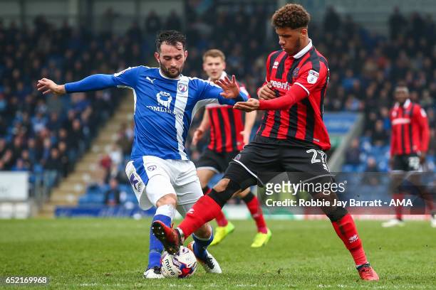 Sam Hird of Chesterfield and Tyler Roberts of Shrewsbury Town during the Sky Bet League One match between Chesterfield and Shrewsbury Town at Proact...