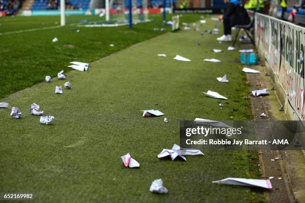 Paper planes thrown by fans during the Sky Bet League One match between Chesterfield and Shrewsbury Town at Proact Stadium on March 11, 2017 in...