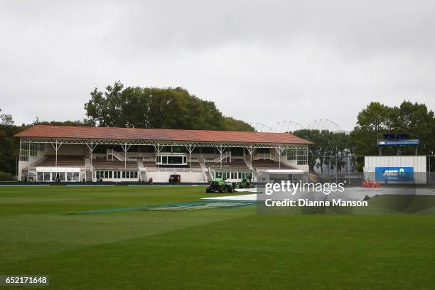 Rain settles in ahead of day five of the First Test match between New Zealand and South Africa at University Oval on March 12, 2017 in Dunedin, New...