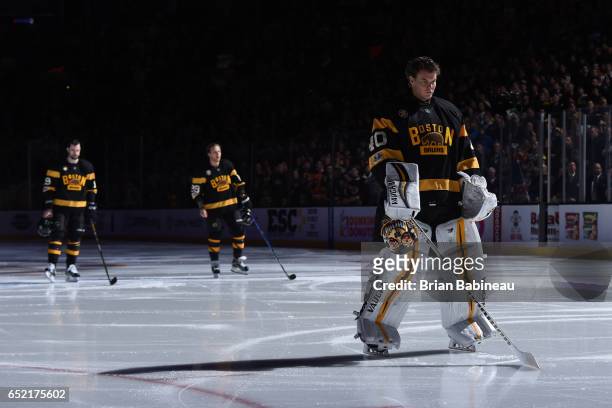 Tuukka Rask of the Boston Bruins stands during the National Anthem before the game against the Philadelphia Flyers at the TD Garden on March 11, 2017...