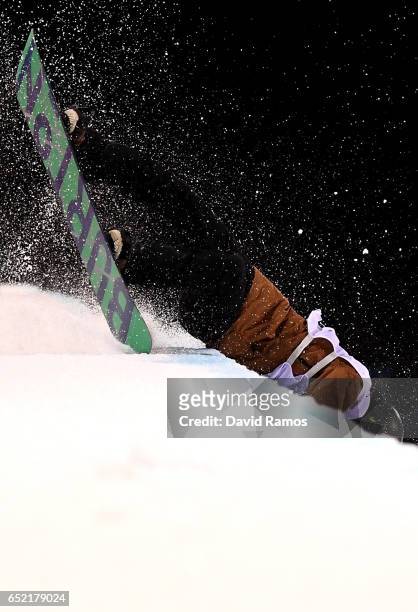 Yiwei Zhang of China crashes during the Men's Snowboard Halfpipe Final on day four of the FIS Freestyle Ski and Snowboard World Championships 2017 on...
