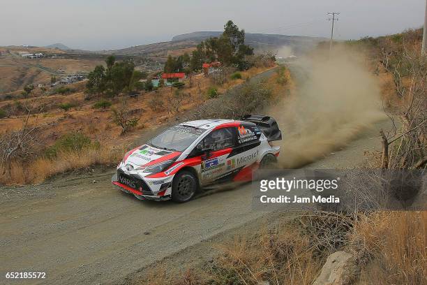 Juho Hanninen and Kaj Lidstrom of Toyota Gazoo Racing WRT team drive during the FIA World Rally Championship Mexico Day Two on March 11, 2017 in...