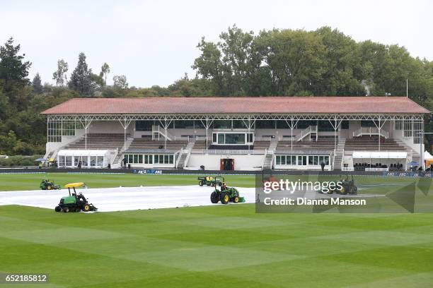 Rain settles in ahead of day five of the First Test match between New Zealand and South Africa at University Oval on March 12, 2017 in Dunedin, New...