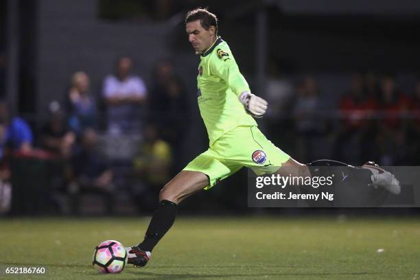 Former Western Sydney Wanderers player Ante Covic of the Suns takes a goal kick during the National Premier Leagues NSW Men's Round 1 match between...