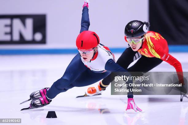 Elise Christie of Great Britain competes in the Ladies 500m quarterfinals race during day one of ISU World Short Track Championships at Rotterdam...