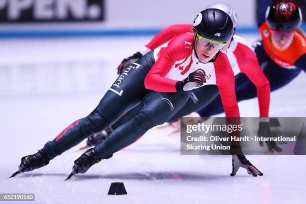 Marianne St Gelais of Canada competes in the Ladies 500m quarterfinals race during day one of ISU World Short Track Championships at Rotterdam Ahoy...