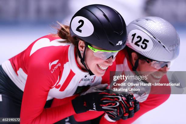 Marianne St Gelais and Marie Eve Drolet of Canada celebrate after the Ladies 500m quarterfinals race during day one of ISU World Short Track...