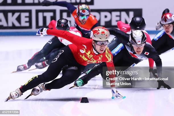 Wu Dajing of China competes during the Mens 500m finals race during day one of ISU World Short Track Championships at Rotterdam Ahoy Arena on March...