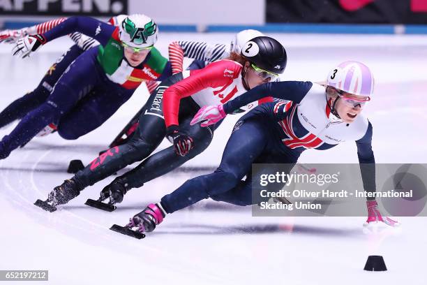 Elise Christie of Great Britain competes during the Ladies 500m finals race during day one of ISU World Short Track Championships at Rotterdam Ahoy...