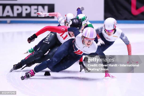 Elise Christie of Great Britain competes during the Ladies 500m finals race during day one of ISU World Short Track Championships at Rotterdam Ahoy...