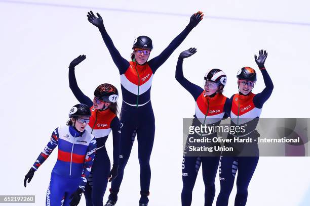 Team of Netherlands celebrate after the Ladies 3000m relay semifinals race during day one of ISU World Short Track Championships at Rotterdam Ahoy...
