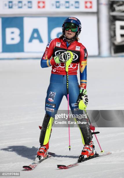 Mikaela Shiffrin of the United States reacts after crossing the finish line in the second run of the Audi FIS World Cup Ladies' Slalom on March 11,...