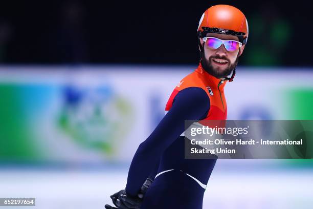 Sjinkie Knegt of Netherlands competes in the Men脗芦s 500m quarterfinals race during day one of ISU World Short Track Championships at Rotterdam Ahoy...