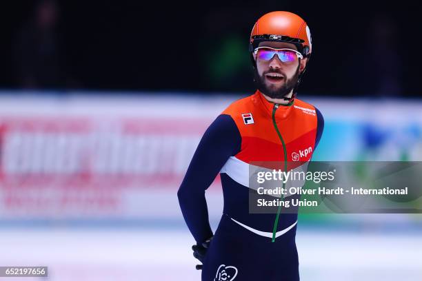 Sjinkie Knegt of Netherlands competes in the Men脗芦s 500m quarterfinals race during day one of ISU World Short Track Championships at Rotterdam Ahoy...