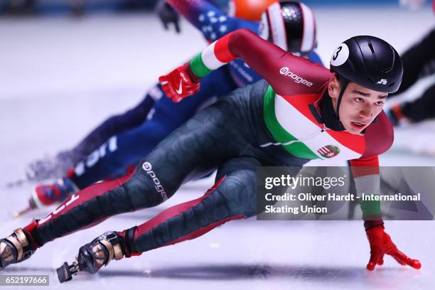 Shaolin Sandor Liu of Hungary competes in the Men脗芦s 500m quarterfinals race during day one of ISU World Short Track Championships at Rotterdam Ahoy...