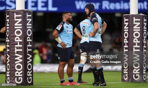 Tolu Latu with Dean Mumm of the NSW Waratahs during the Super Rugby match between the Cell C Sharks and Waratahs at Growthpoint Kings Park on March...