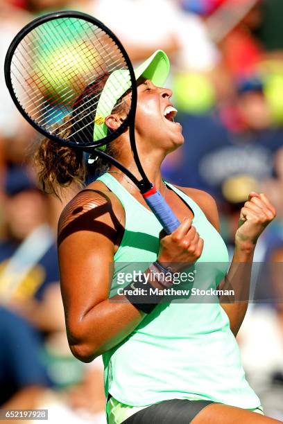 Madison Keys celebrates match point against Mariana Duque-Marino of Spain during the BNP Paribas Open at the Indian Wells Tennis Garden on March 11,...
