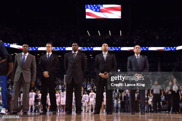 Special assistant Nolan Smith, assistant coach Jon Scheyer, assistant coach Nate James, associate head coach Jeff Capel and head coach Mike...