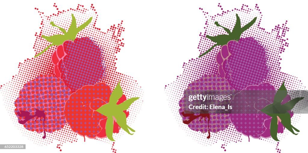 Pop art raspberry with halftone background. Vector