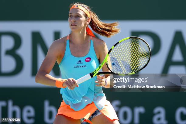 Mariana Duque-Marino play Madison Keys during the BNP Paribas Open at the Indian Wells Tennis Garden on March 11, 2017 in Indian Wells, California.