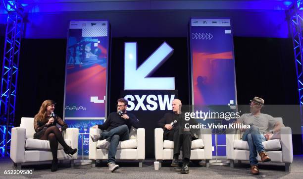 Terri Schwartz Seth Rogen, Garth Ennis and Sam Catlin speak on a panel at AMC's PREACHER at SXSW Panel Discussion and Red Carpet with Seth Rogen, Sam...