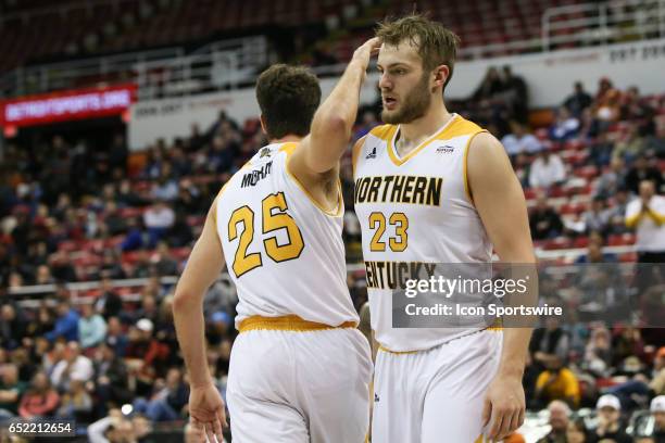 Northern Kentucky Norse forward Carson Williams is congratulated by Northern Kentucky Norse guard Cole Murray after a defensive play during the...