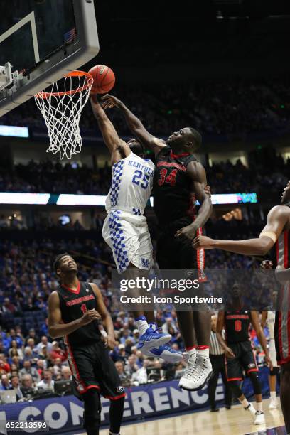 Kansas State Wildcats forward Wesley Iwundu goes in for the slam dunk during the second half of the SEC Basketball Tournament game between Georgia...