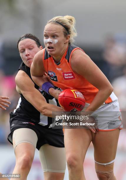 Phoebe McWilliams of the Giants competes for the ball during the round six AFL Women's match between the Collingwood Magpies and the Greater Western...