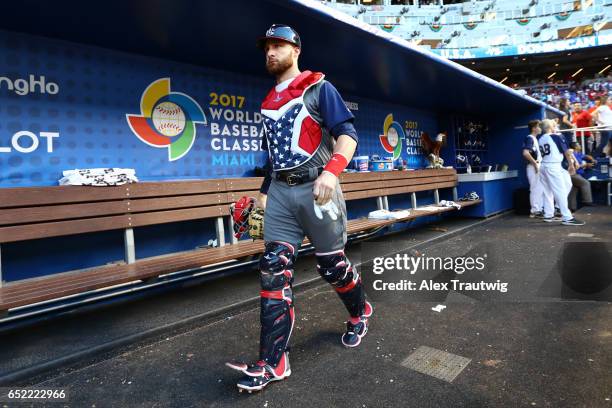 Jonathan Lucroy of Team USA gets ready in the dugout prior to Game 4 Pool C of the 2017 World Baseball Classic against Team Dominican Republic on...
