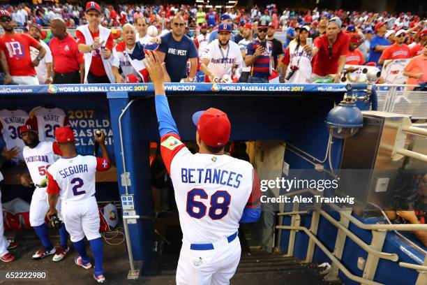 Dellin Betances of Team Dominican Republic signs autographs prior to Game 4 Pool C of the 2017 World Baseball Classic against Team USA on Saturday,...