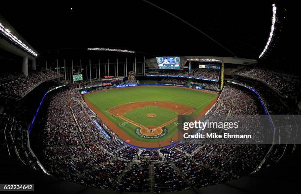 General view of Miami Marlins Stadium during a Pool C game of the 2017 World Baseball Classic between the United States and the Dominican Republic on...