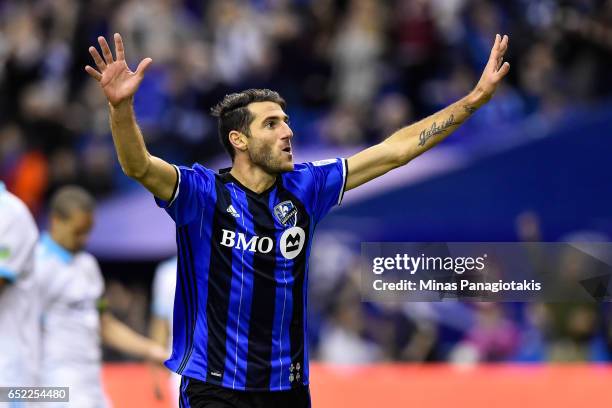 March 11: Ignacio Piatti of the Montreal Impact celebrates his goal in the second half during the MLS game against the Seattle Sounders FC at Olympic...