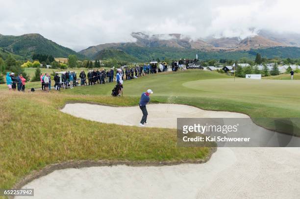 Brad Kennedy of Australia plays a bunker shot during day four of the New Zealand Open at Millbrook Resort on March 12, 2017 in Queenstown, New...