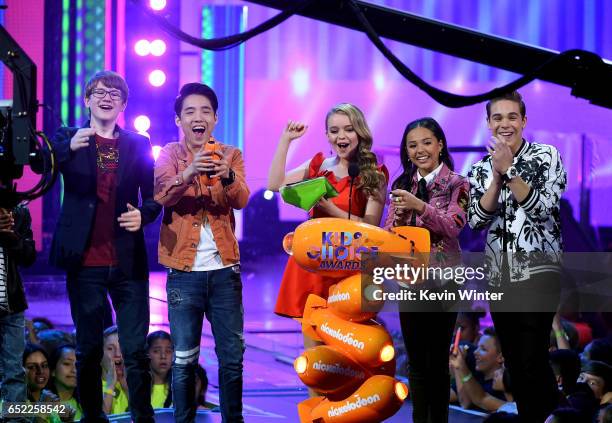 The cast of School of Rock speak onstage at Nickelodeon's 2017 Kids' Choice Awards at USC Galen Center on March 11, 2017 in Los Angeles, California.