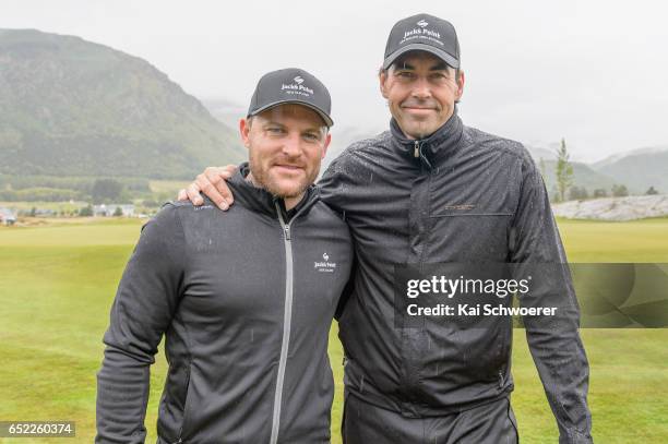 Former New Zealand cricketers Brendon McCullum and Stephen Fleming pose during day four of the New Zealand Open at Millbrook Resort on March 12, 2017...