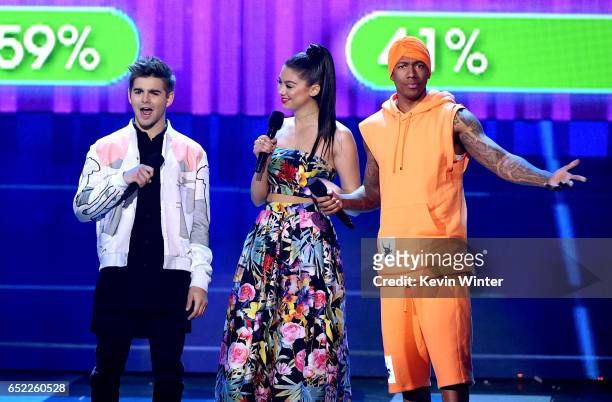 Actors Jack Griffo, Kira Kosarin and Nick Cannon speak onstage at Nickelodeon's 2017 Kids' Choice Awards at USC Galen Center on March 11, 2017 in Los...