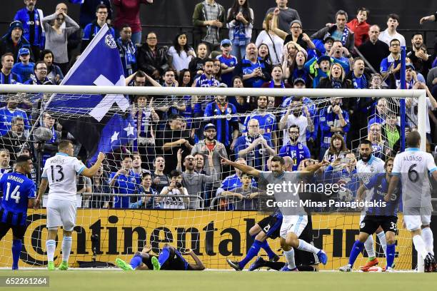 March 11: Will Bruin of the Seattle Sounders ties the game in extra time during the MLS game against the Montreal Impact at Olympic Stadium on March...