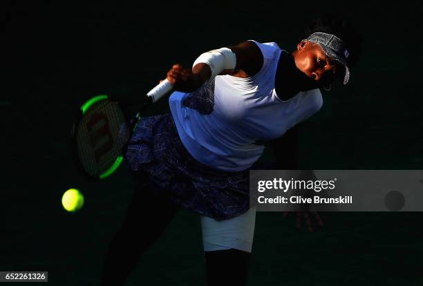 Venus Williams of the United States in action against Jelena Jankovic of Serbia in their second round match during day six of the BNP Paribas Open at...