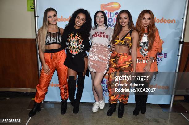 Singing Group Little Mix, Winners of Favorite Global Music Star, pose with their award backstage at Nickelodeon's 2017 Kids' Choice Awards at USC...