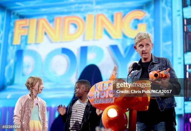Actor Ellen DeGeneres accepts the awards for Favorite Animated Movie for 'Finding Dory' onstage at Nickelodeon's 2017 Kids' Choice Awards at USC...
